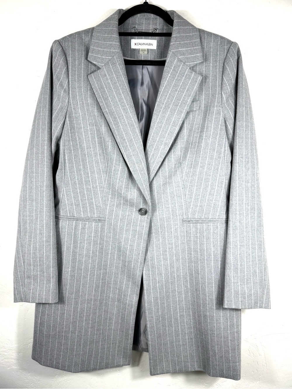 NWOT Calvin Klein Light Gray Pinstripe Long Blazer Single Button Front 14